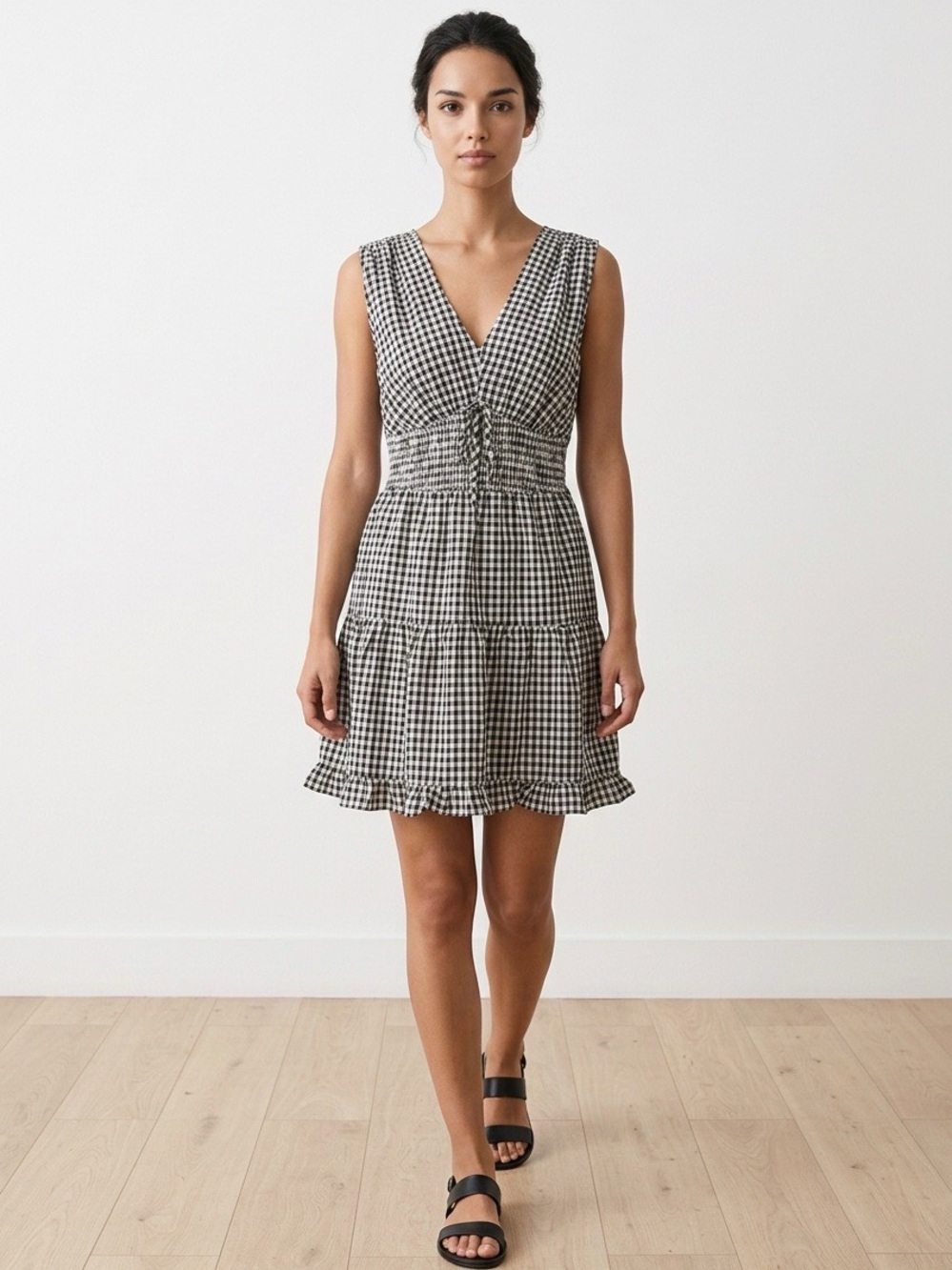 Heatherly Sleeveless Gingham V-Neck Dress with Smocked Waist NWOT Large